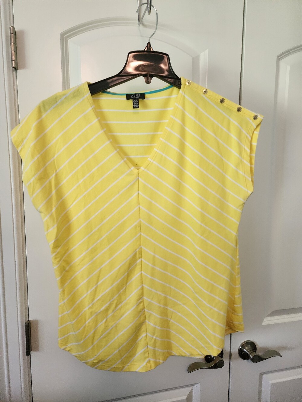 Jones New York Yellow and White Striped V-Neck Top